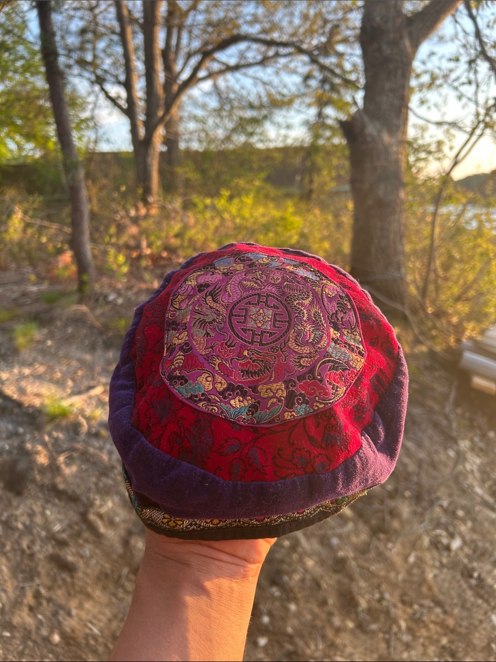 Vintage Embroidered Velvet Skullcap Rich Burgundy Multicolor Design